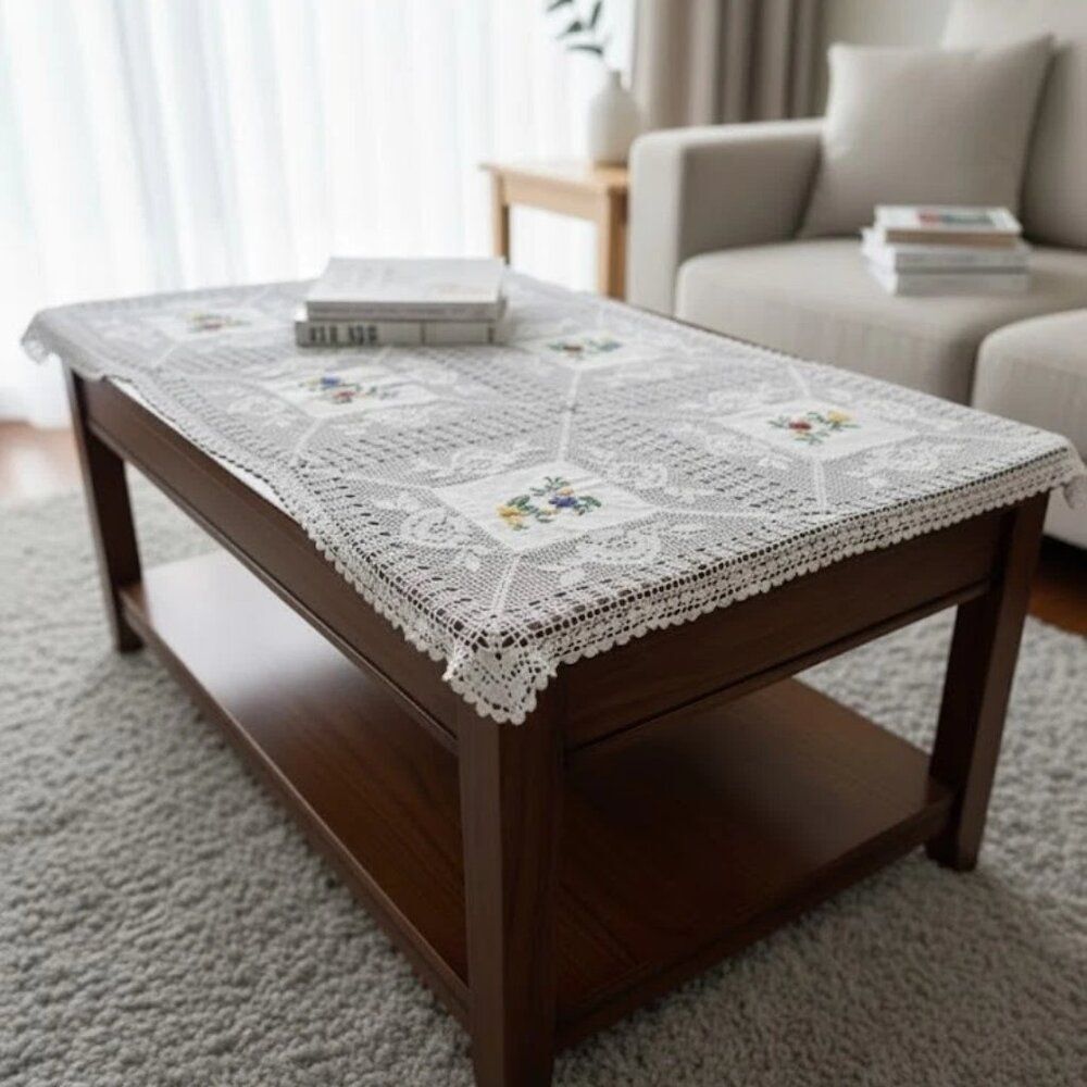 Vintage Hand-Crocheted Lace Tablecloth 60" x 38", 100% COTTON
